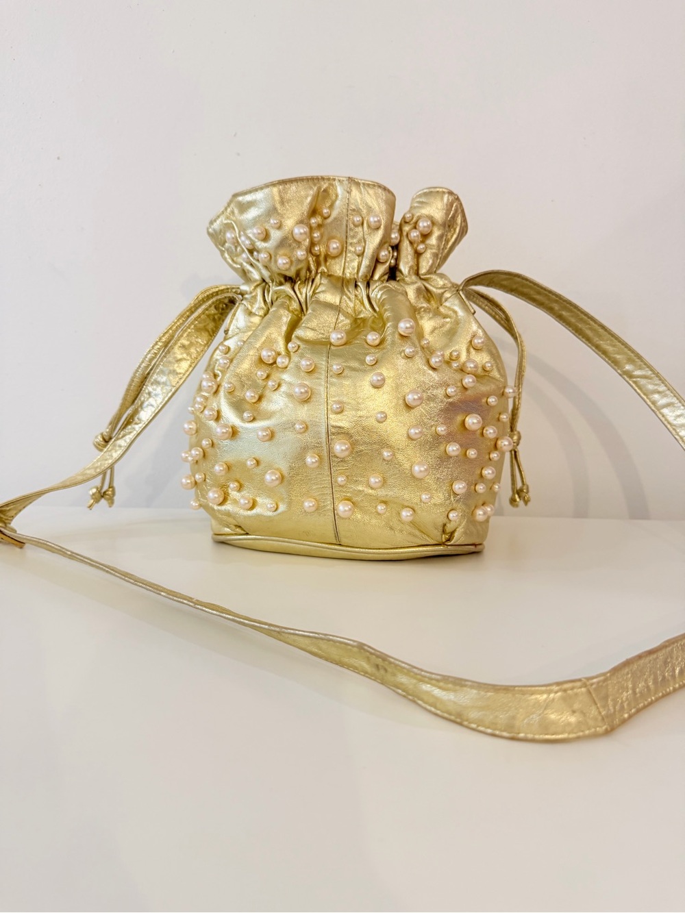 Vintage Gold Pearl-Embellished Drawstring Crossbody Bag